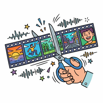 A hand uses blue scissors to cut a digital film strip