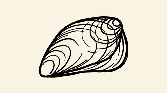 Minimalist bold black mussel shell icon illustration representing fresh seafood mollusk delicacy, stylized graphic drawing of oceanic bivalve shellfish isolated on white background.
