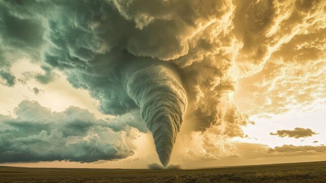 Massive tornado funnel cloud descends from stormy skies over a flat, rural landscape