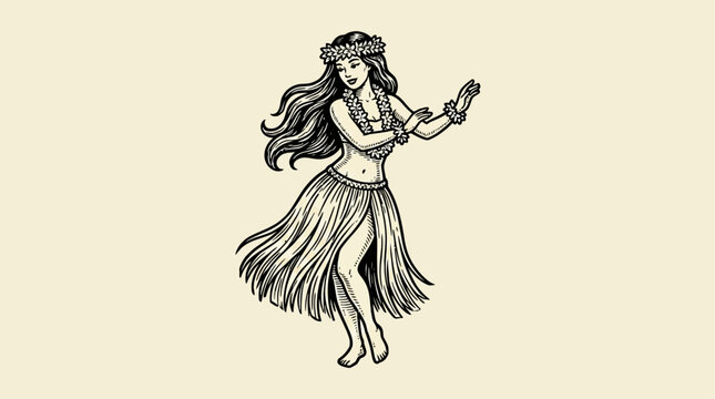 Elegant Hawaiian hula dancer performing traditional movements in a classic vintage woodcut engraving style, detailed black vector illustration isolated on a clean white background.