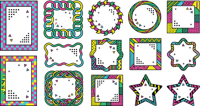 Vibrant Memphis retro border frame collection featuring neon geometric shapes colorful checkerboard patterns wavy lines interlocking chains and stars isolated on white background