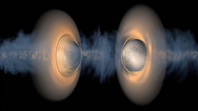 Thin metal sheets lifted by celestial golden photonic winds in space.
