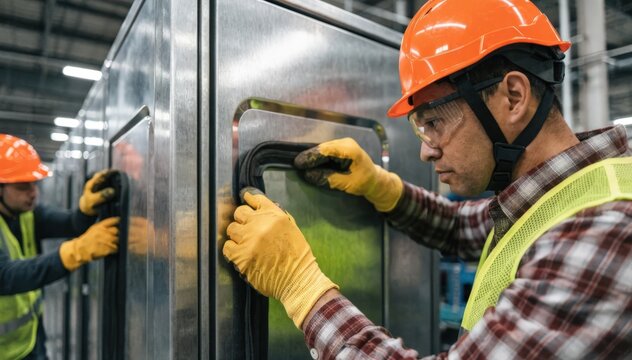 Close medium shot of factory employees sealing rubber gaskets around large metal lockers to ensure airtight closure and durability.