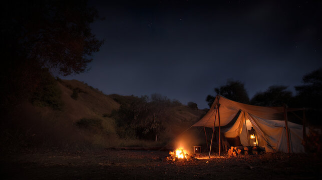 Wilderness campsite at dusk with a glowing fire under a starry night sky, evoking outdoor adventure.
