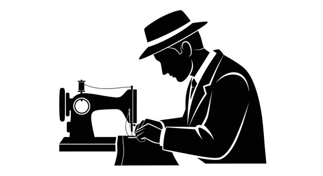 Man in hat using old sewing machine.