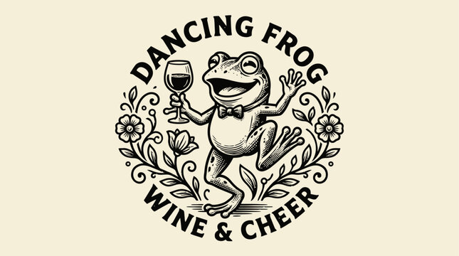 Vintage retro engraving of a joyful dancing frog holding a glass of wine. Whimsical amphibian character mascot in black and white woodcut style, elegant celebration emblem logo illustration.