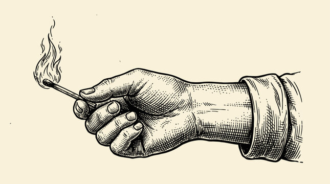 Vintage woodcut engraving illustration of a human hand holding a lit wooden matchstick with a bright burning flame, monochrome black ink vector drawing, retro heraldic emblem and etching style.