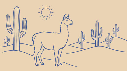 Obraz premium Artistic hand drawn llama illustration standing amidst desert cacti, featuring minimalist aesthetic on a neutral beige background, creative wildlife sketch for modern interior decor and design.