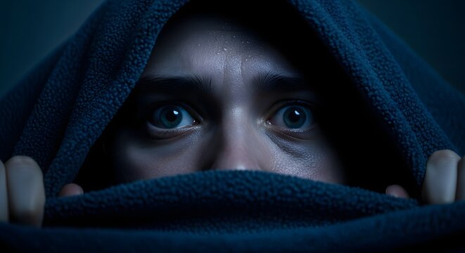 Close up portrait of fearful person hiding under a dark blanket with wide anxious eyes showing panic and vulnerability