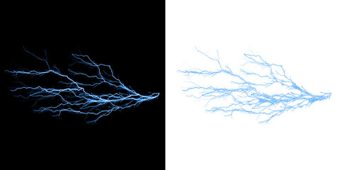 Fototapeta premium Electric blue lightning bolt discharge with branching fractal patterns on split backgrounds isolated on a transparent background