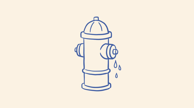 Minimalist ink sketch vector illustration depicting a vintage urban red fire hydrant with a small water droplet leaking from its spout, isolated on a white background for creative design.