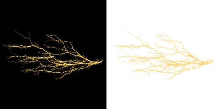 Radiant yellow lightning bolt discharge with complex branching fractal lines on split backgrounds isolated on a transparent background