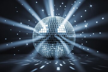 Obraz premium Shining silver disco ball with glowing light rays and sparkles in dark studio
