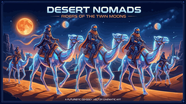 Enigmatic nomads on a moonlit trek through a futuristic desert, their camels aglow under the vast, double-mooned night sky, depicting an otherworldly adventure
