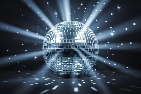 Shining silver disco ball with glowing light rays and sparkles in dark studio