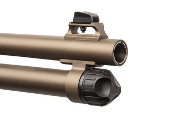 Fototapeta premium Close-up of a tactical shotgun muzzle with front sight and magazine cap on a white back