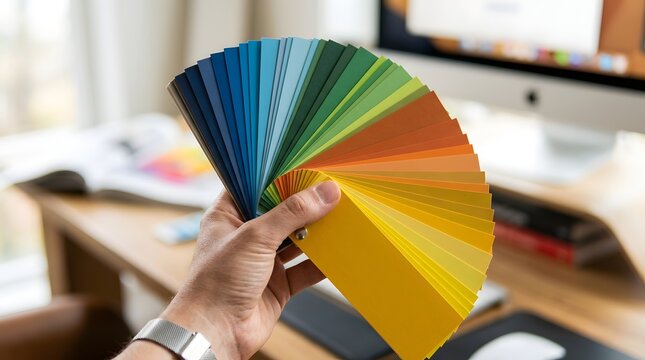 Designer holds a vibrant color palette fan to compare shades against a computer monitor in a bright, modern studio workspace.