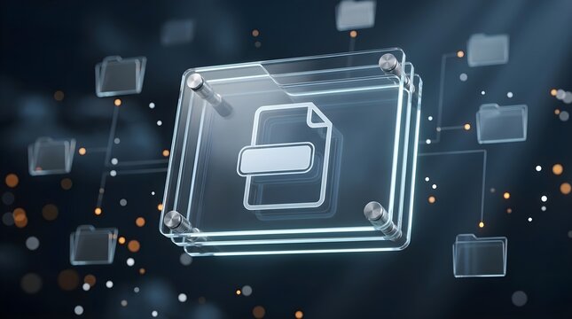 Crystal glass folder icon displaying a glowing document symbol connected to a digital archive network for cloud data management