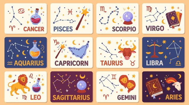 Collection of whimsical cartoon astrological tarot cards featuring twelve zodiac constellations and celestial star signs like Cancer Scorpio Pisces and Leo for horoscope divination and mystical art.