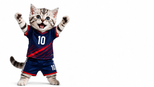 Success soccer kitten celebrating victory with copy space