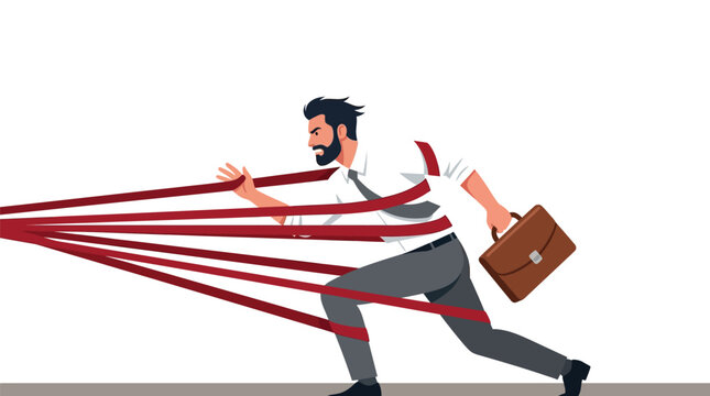 Professional businessman struggling to move forward while being pulled back by long red elastic ribbons