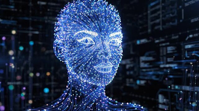 Biometric human face concept made of illuminated data streams and fiber optics over a dark tech background