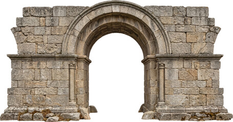 Obraz premium Ancient Stone Arch Ruin Isolated on Transparent Background, Historic Roman Style Architecture Remnant PNG