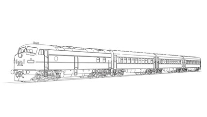 2D AutoCAD Vector drawing of a train with locomotive and carriages on tracks © Stock Image Paradise