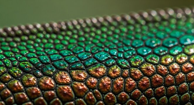 Closeup of vibrant green and orange snake scales with shiny texture