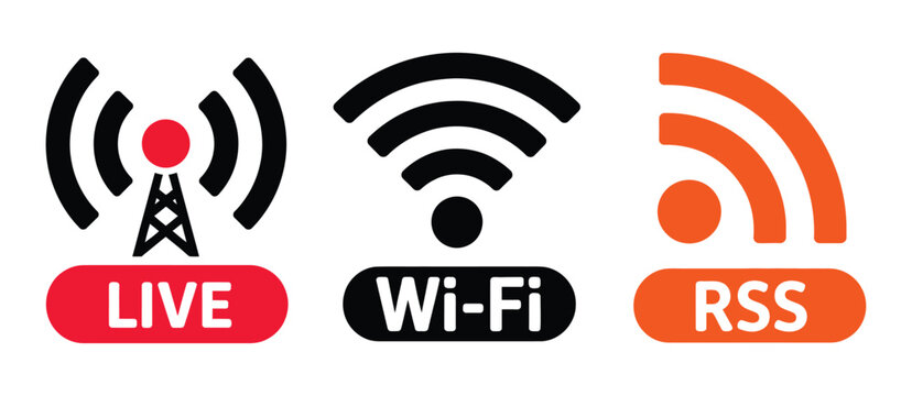 Live, Wi-Fi, and RSS icon vector set featuring connectivity, broadcasting, and internet signal symbols for modern interface design elements. 