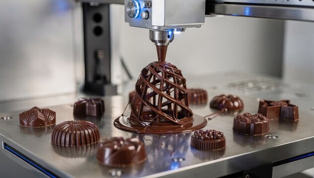 Medium view of a chocolatebased 3D printing process creating detailed confectionery shapes on a hightech test bench showcasing dessert customization technology.