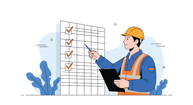 Industrial safety inspector wearing a hard hat and vest checking off completed tasks on a large wall-mounted checklist in a factory.