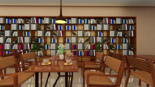 restaurant interior design footage with bookshelf background. 3d Animation
