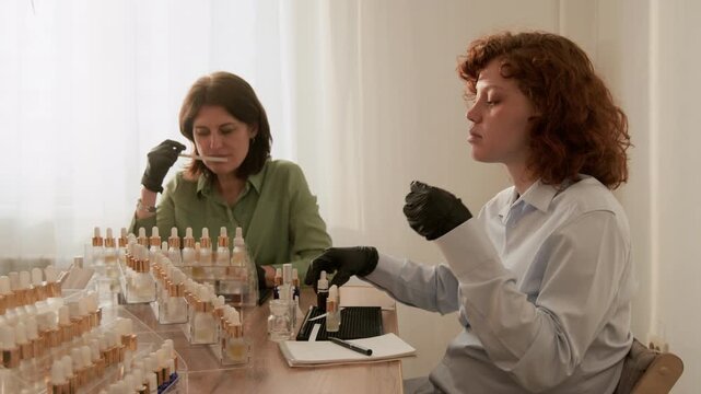 Caucasian young adult woman and middle aged Caucasian woman creating custom fragrances during perfumer master class. Clip is perfect for beauty brand marketing and cosmetic formulation tutorials