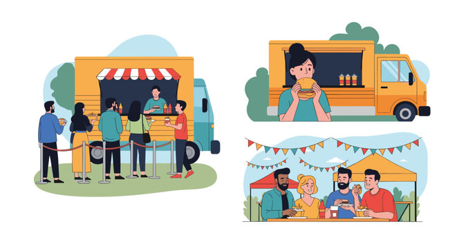 Happy people queuing at a yellow food truck and enjoying delicious street food together at an outdoor summer festival.