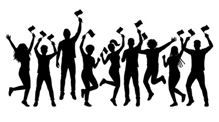Fototapeta premium 4th July, Independence day of America. Graduation, celebration, people, silhouettes, jumping, diplomas, black, icons, set of 8 isolated on White Background vector