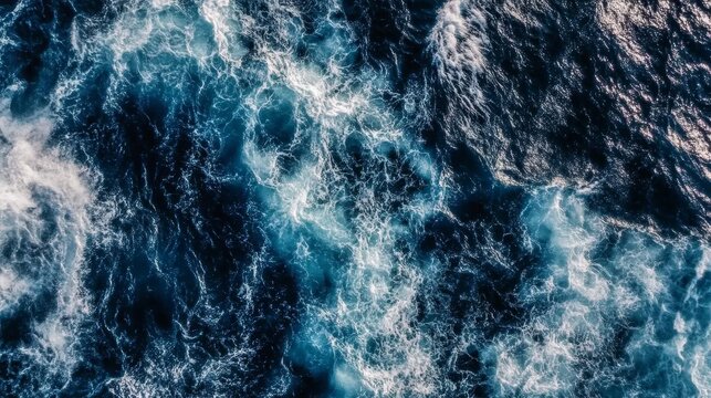 Deep blue ocean water with white foam and turbulent waves seen from above