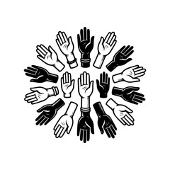 Fototapeta premium Black and white vector illustration of a diverse circle of raised hands forming an icon set against a clean white background.