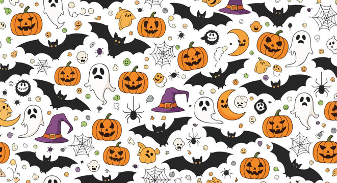 Vibrant Halloween Pattern Background With Spooky Grinning Jack O Lanterns Flying Bats and Decorative Festive Icons