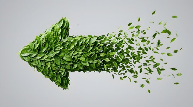 Green leaf arrow dissolving into flying leaves