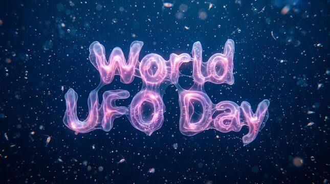 World UFO Day celebration graphic with glowing pink text on a starry cosmic blue space background