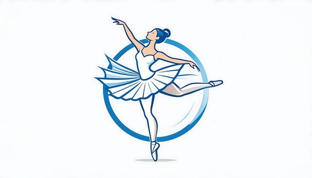 Graceful Ballerina Performing Arabesque Pose in Blue Circular Illustration