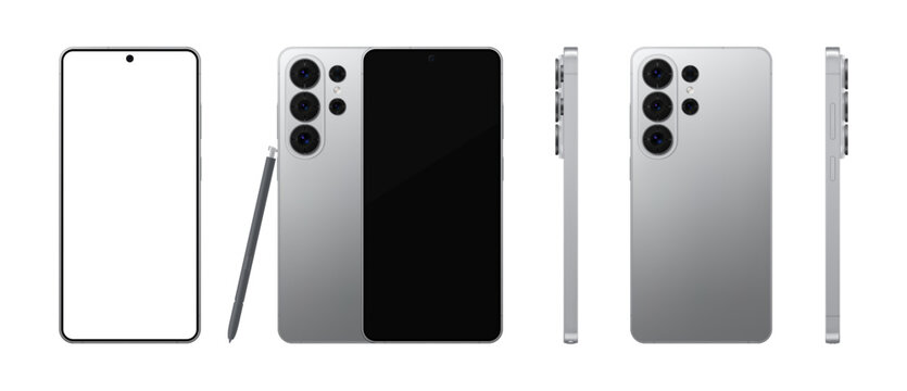 Detailed silver shadow mobile phone with stylus mockup. Front, rear and side views isolated on transparent background. Vector PNG