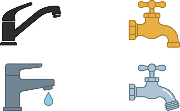 Water Tap and Faucet Vector Icon Set with Modern Kitchen Mixers Vintage Brass Spigots and Water Drop Symbols for Plumbing Construction Graphic Designs