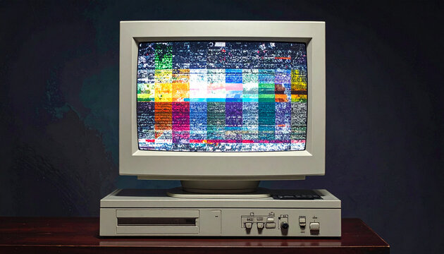 Retro computer monitor displaying colorful interference pattern against dark backdrop