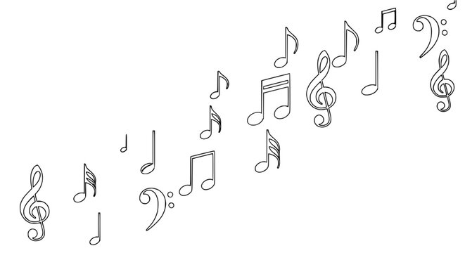 Musical Notes and Symbols Flowing on White Background