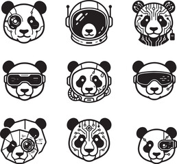 Fototapeta premium AI panda logo set. Cybernetic panda head icons. Tech panda vector collection. Minimalist artificial intelligence panda mascot. Robot panda design. Futuristic animal branding icons. Black and white pan