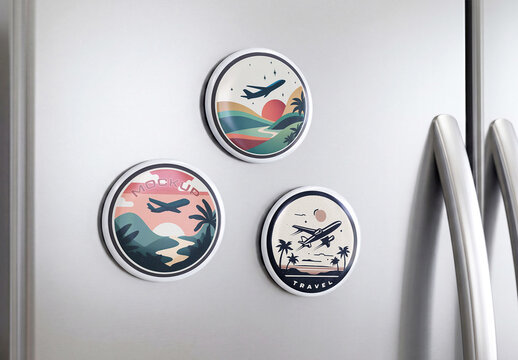 Three Circular Magnets on Metal Refrigerator Door Mockup 