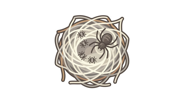 Brown spider sitting in messy circular web nest.