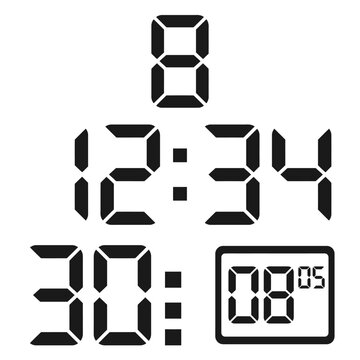 A set of black digital clock numbers on a white background